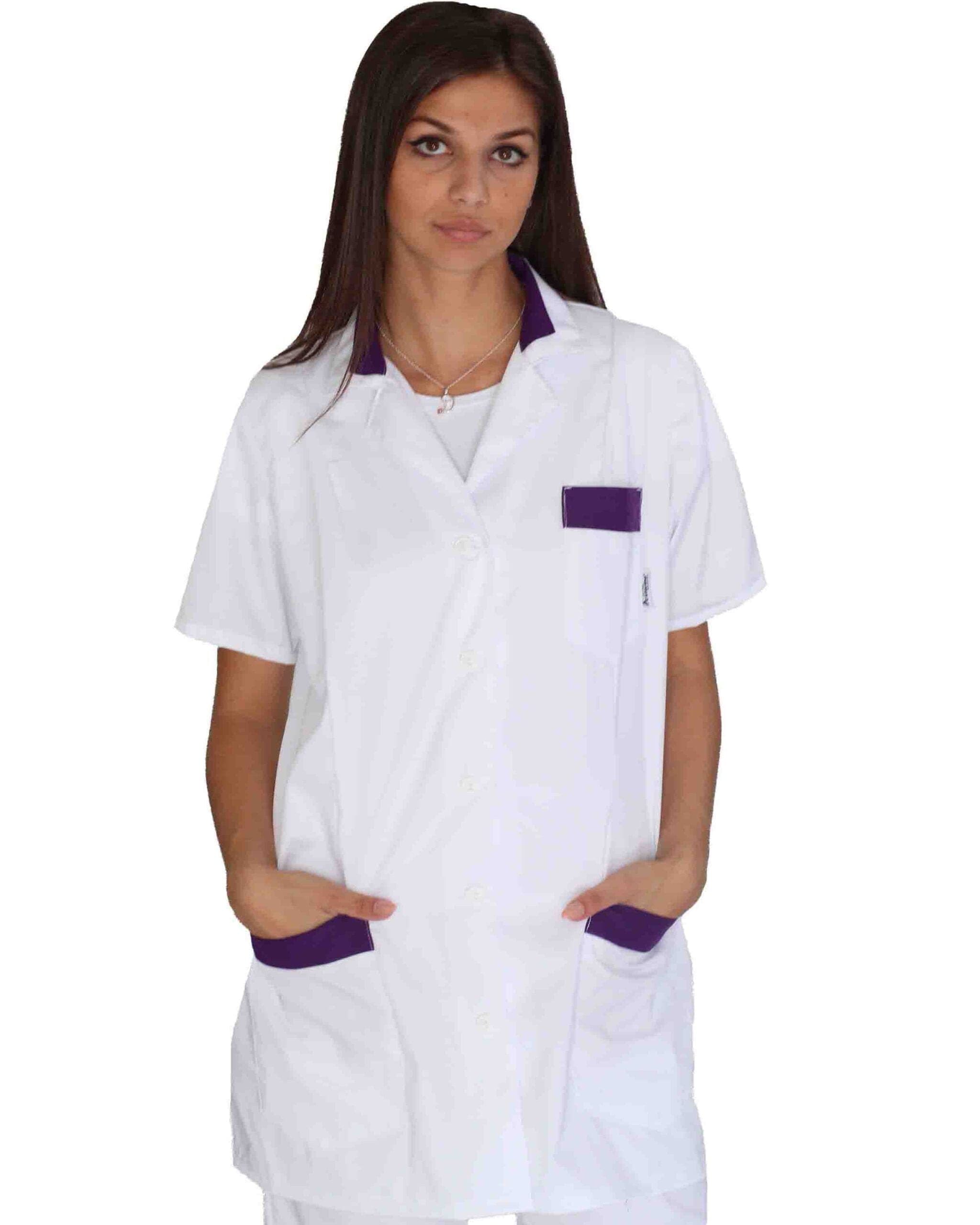Camice corto bianco e viola per estetica e lavoro