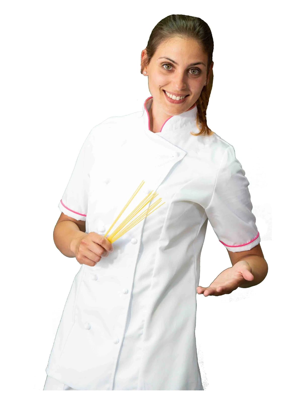 giacca chef donna per cucina e ristorazione, bianca e fucsia