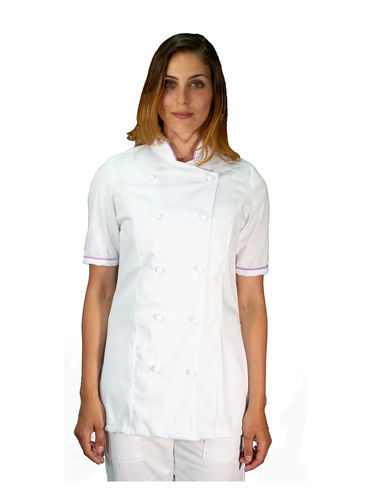 giacca da cucina donna per cuochi e chef, bianca e lilla, manica corta
