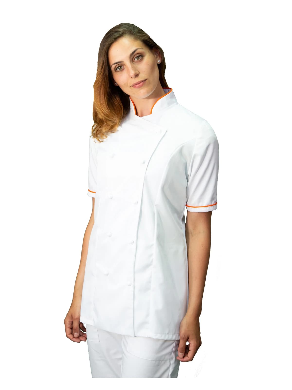 giacca da chef bianca e arancio per cucina e ristoranti