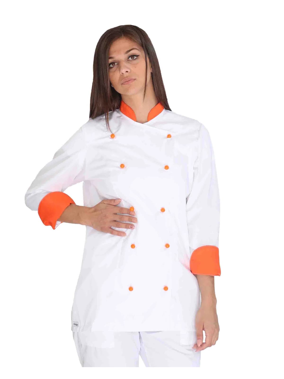 Giacca Cuoco Donna Bianca e Arancio manica lunga | Divisa Chef Donna