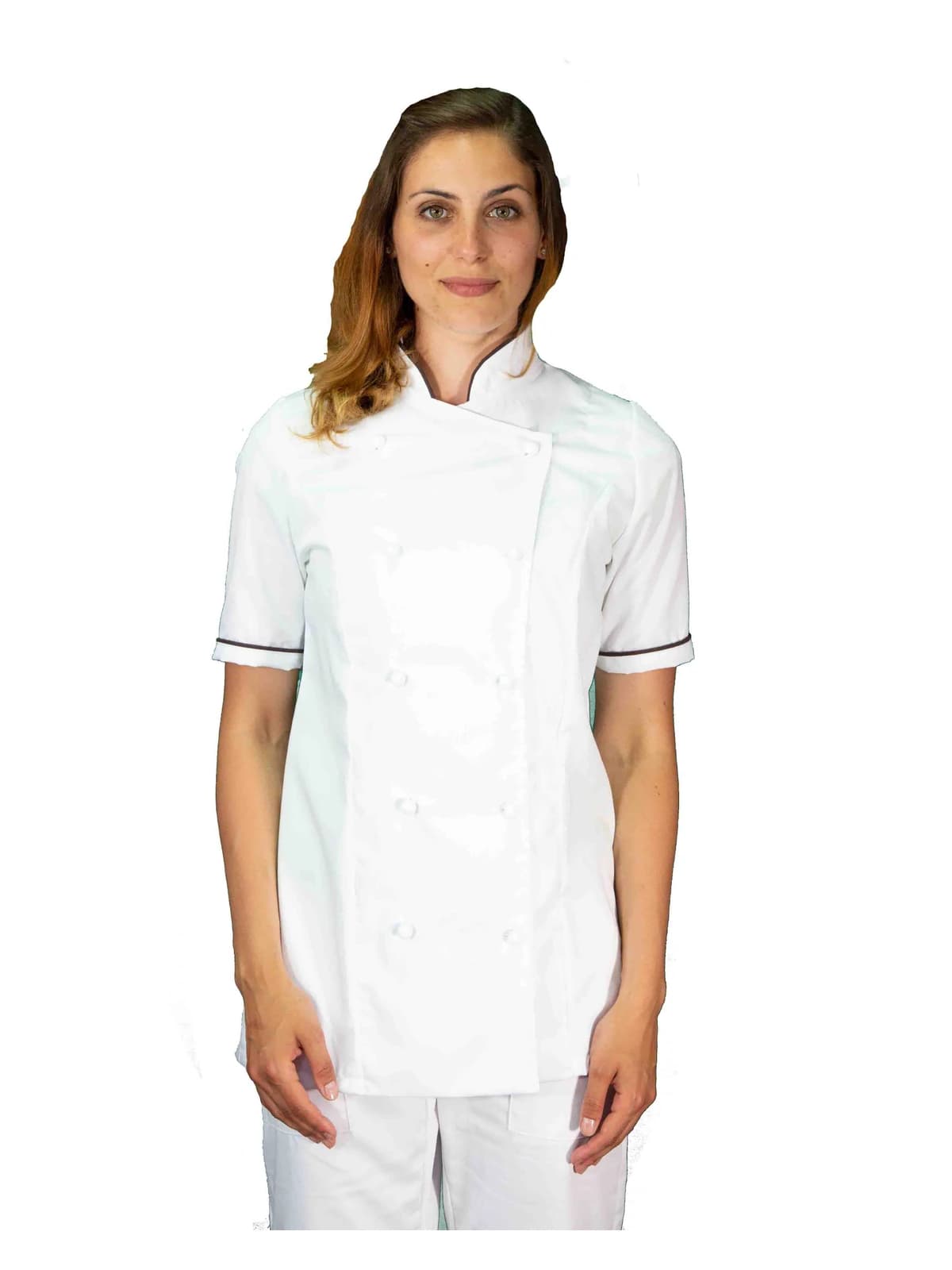 giacca cuoco donna per cucina e ristoranti, bianca e marrone manica corta