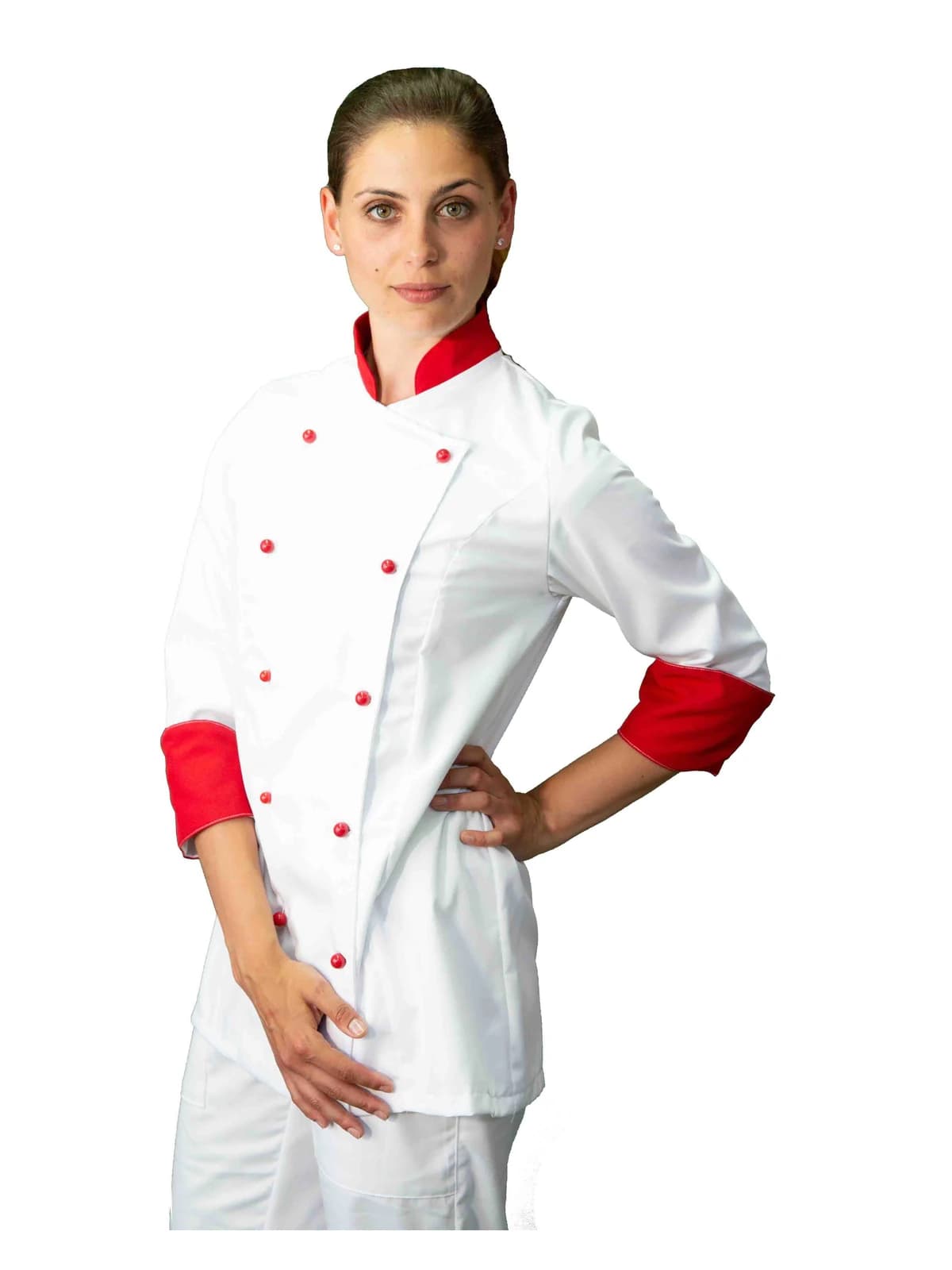 Casacca Chef Donna Bianca e Rossa manica lunga | Uniforme Cuoca Professionale