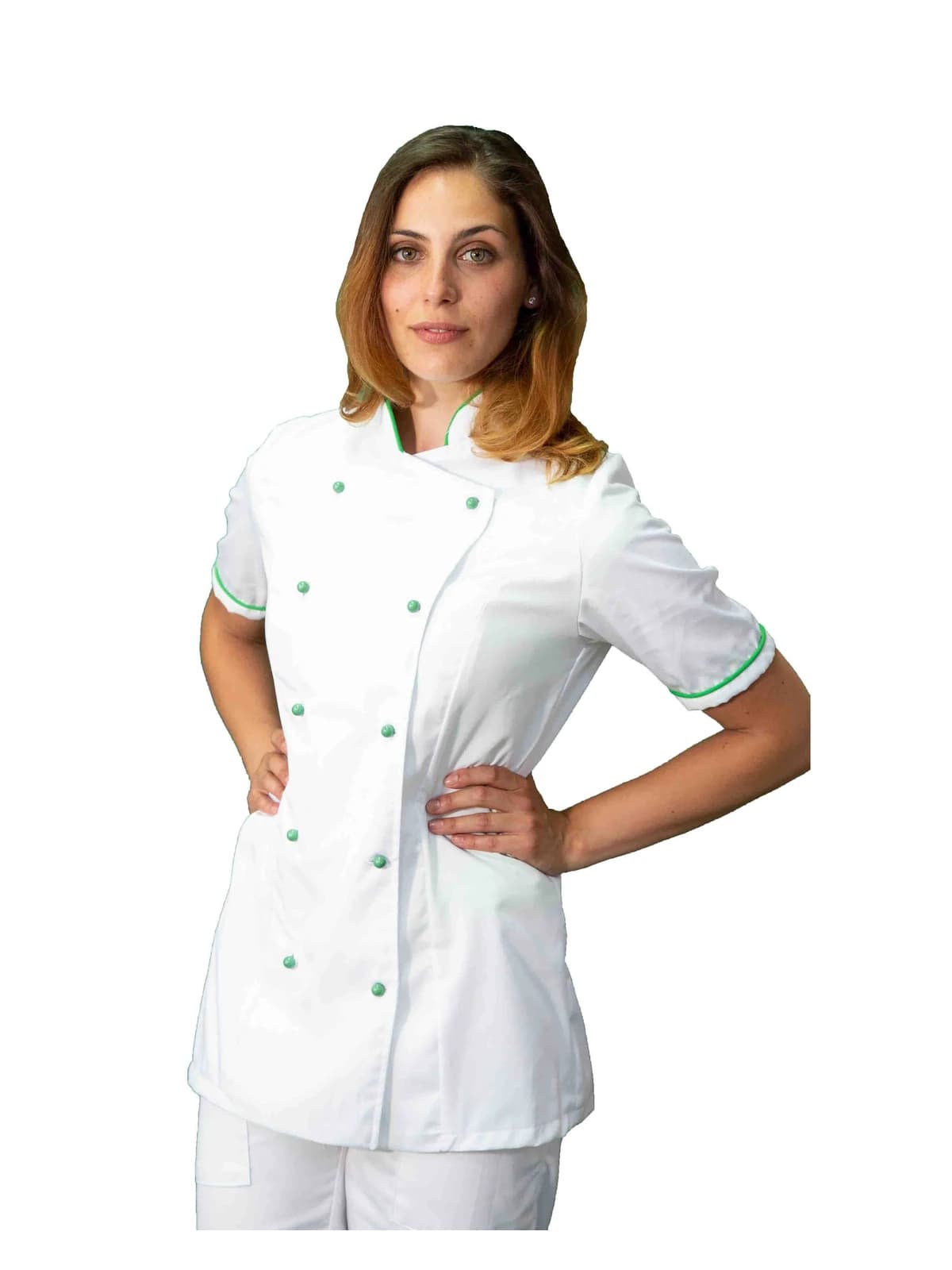 giacca cuoco bianca e verde manica corta, per cucina professionale