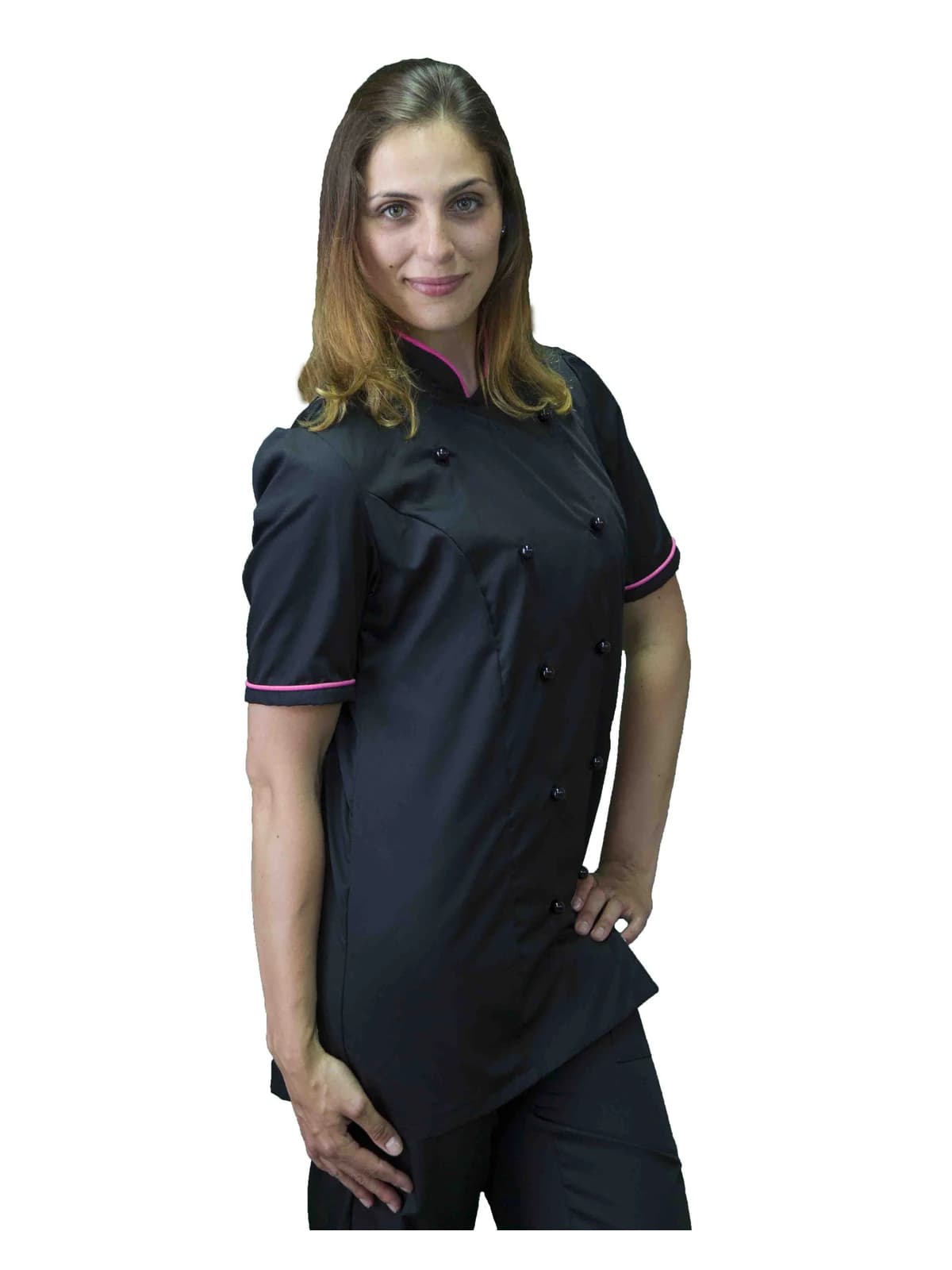 Giacca Chef Donna Nera e Fucsia manica corta | Divisa Cuoca Professionale